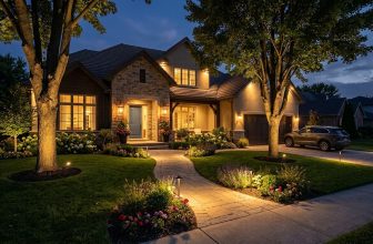 Maison avec éclairage extérieur, allée et jardin illuminés le soir