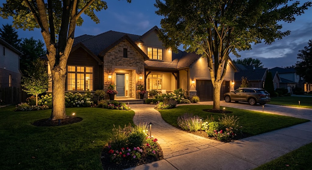 Maison avec éclairage extérieur, allée et jardin illuminés le soir